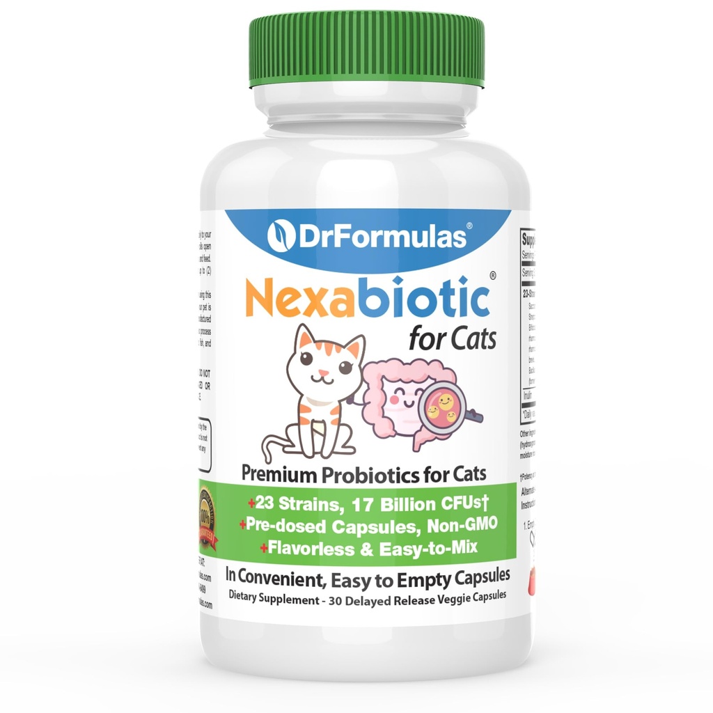 DrFormulas Neksabiootilised probiootikumid kassidele Pulber | Ravib kõhulahtisust lemmikloomadele Saccharomyces Boulardii Lactobacillus Acidophilus, Parim probiootikumide täiendus seedetrakti tervisele 30 kapslit