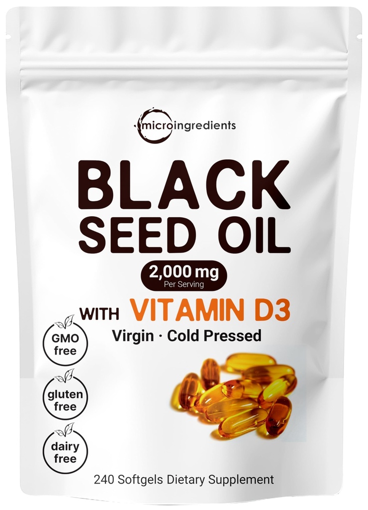 Mikrokoostisosad Black Seed Oil 2000 mg vitamiin D3 1000 RÜ , 240 Softgels | Külmpressitud - Nigella Sativa pillid Egiptusest, neitsiõli, lõhnatu, mitte-GMO ja gluteeni