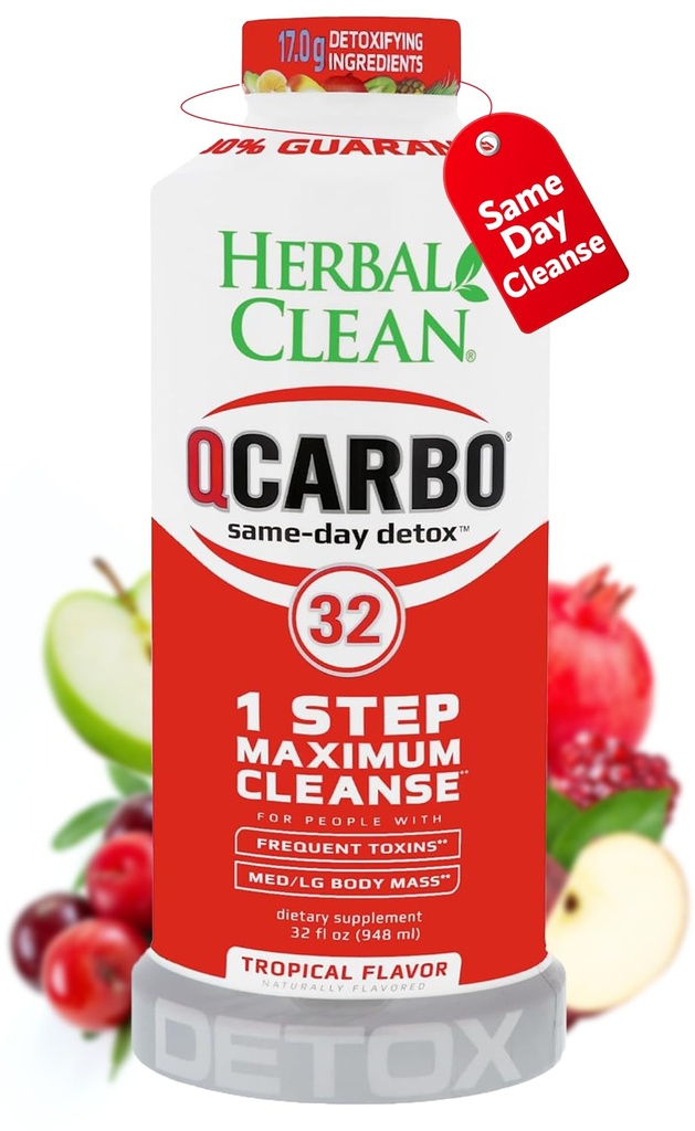 Taimne puhas Qcarbo32 Samapäevane Detox Puhastusjook (32 fl oz) - Troopiline maitse Täielik keha puhastamine * Detox Drink Mõõdukas toksiini tase *, Vitamiin B2 ja Vitamiin B12 meestele ja naistele