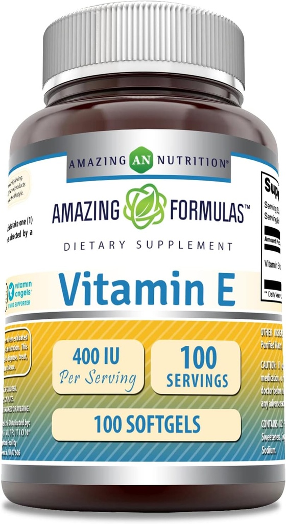 Amazing valemid Vitamiin E 400 RÜ Serving Supplement | Non-GMO | Gluteenivaba (100 Softgels)