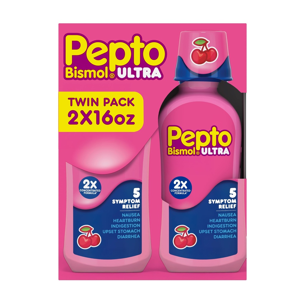 Pepto Bismol Liquid Ultra iivelduse, kõrvetiste, seedehäirete, kõhukinnisuse ja kõhulahtisuse jaoks - 5 sümptomit kiire leevendus, kirsi maitse 12 oz (pakk 3)