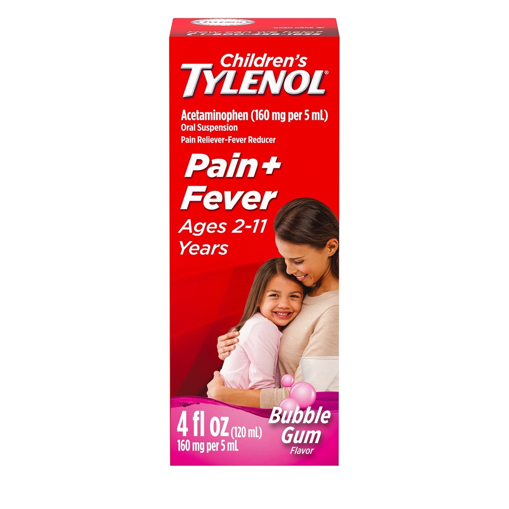 Laste Tylenol Suukaudne suspensioon Meditsiin, Laste Vedelik meditsiin Valu Reliever & Palaviku vähendaja külma + gripi sümptomite jaoks, aspiriin-, ibuprofeen- & alkohol- vaba, Bubble Gum, 4 fl. oz