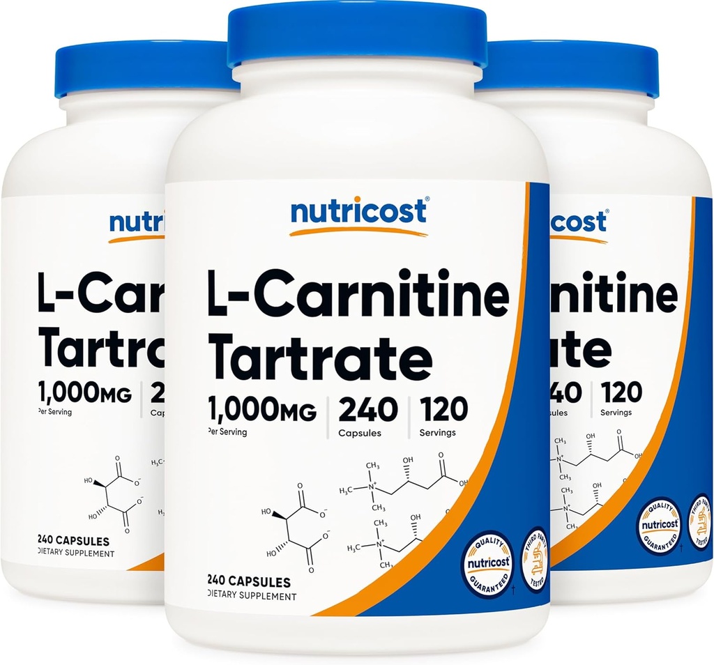 Nutrikost L-karnitiin Tartraat 500mg, 240 Kapslit - 1000mg Serving (3 pudelit)