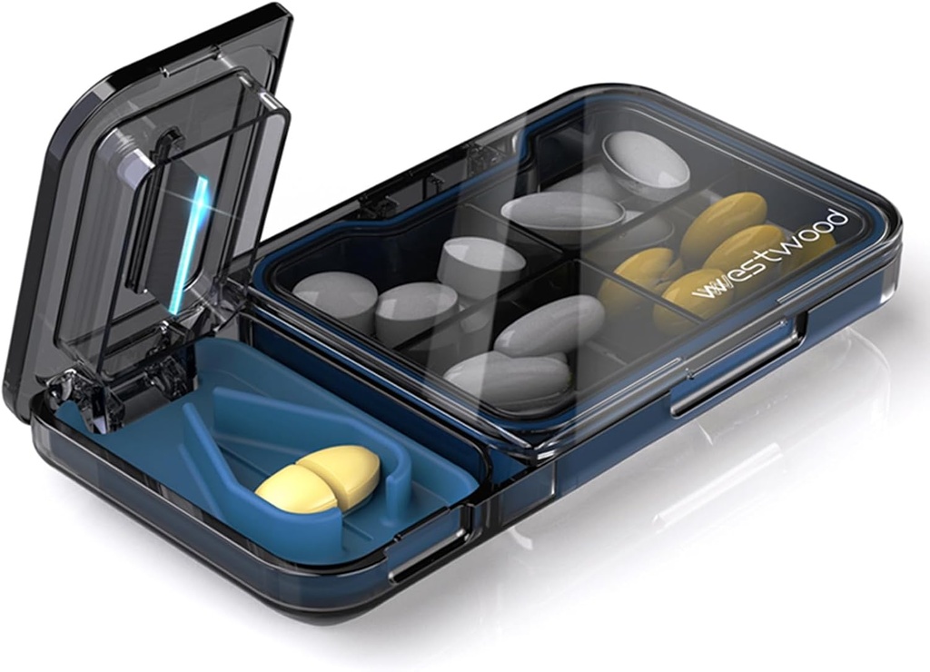 Travel Pill Korraldaja pillide lõikamine Splitter, 4 osakesed Pill Case, väike pillide kasti tasku rahakott, igapäevane pillikonteiner hoida vitamiine Cod Maksaõli toidulisandeid, Medicine Planner (must)