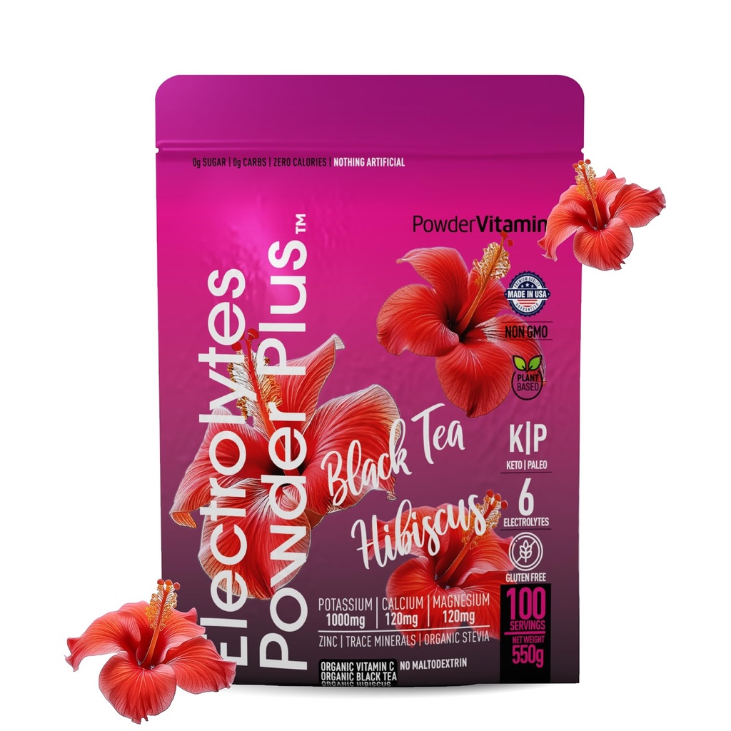 PowderVitamin Electrolytes Powder Plus (100 Servings) Must tee Hibiscus Elektrolüüt Keto, suhkruvaba, roosa Himaalaja sool, 1000mg kaalium, 120mg Kaltsium, 120mg Magneesium, Hüdraadipulber
