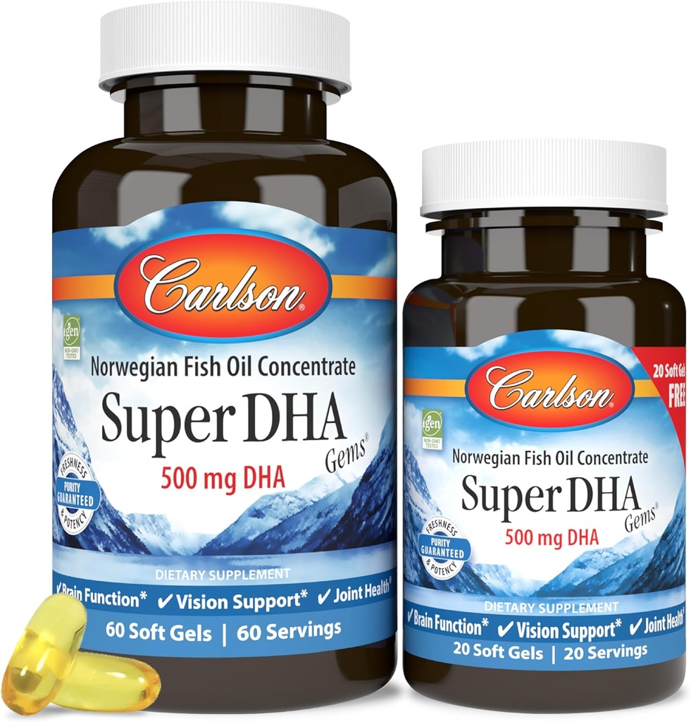 Carlson - Super DHA Gems, 500 mg DHA toidulisandid, 640 mg rasvhapped, looduslikult püütud Norra Arktika kalaõli kontsentraat, jätkusuutlikult hangitud Põhjamaade kalaõli kapslid, 60+20 Softgels