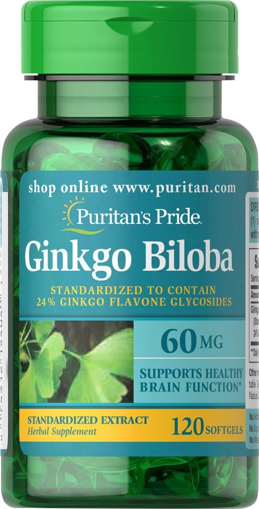 Puritan's Pride Ginkgo Biloba Standarditud ekstrakt Nootroopsed 60 Mg Softgels, 120 Count