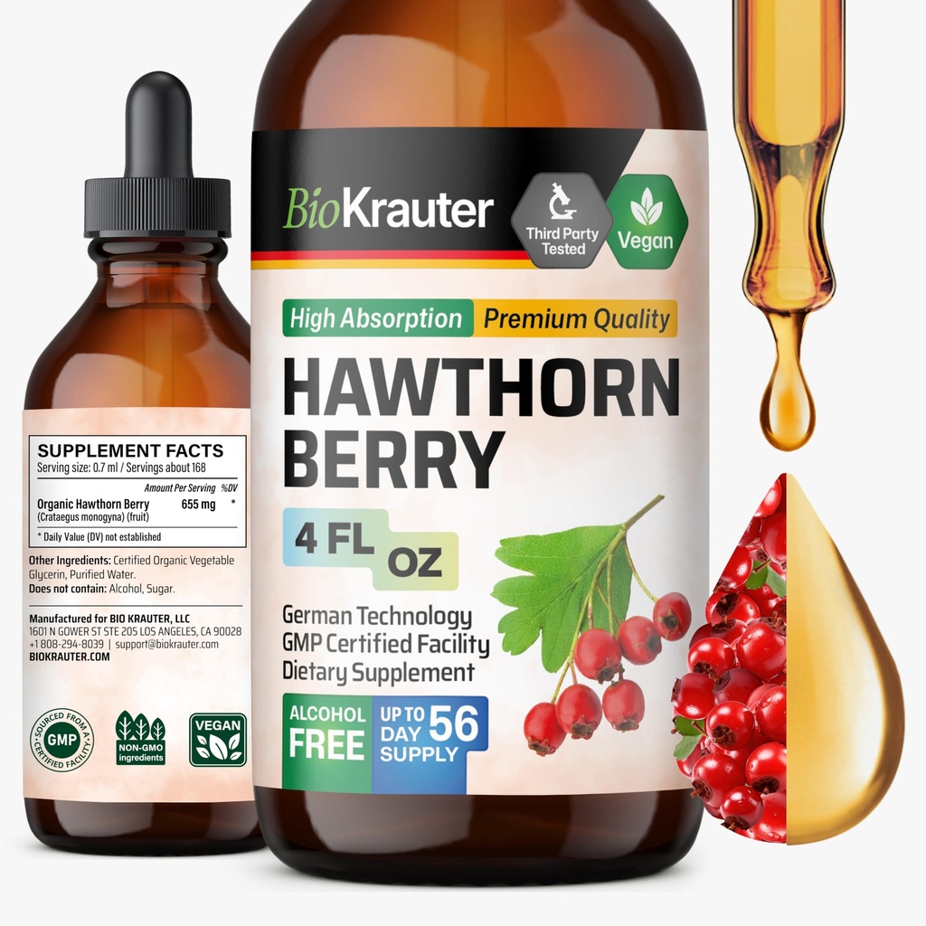 BIO KRAUTER Hawthorn Berry Extract Tinktuur - Natural Hawthorne Berry Supplement - 100% puhas valem - Vegan Sugar & Alcohol Free - 4 Fl. Oz. - 56 tarnepäev