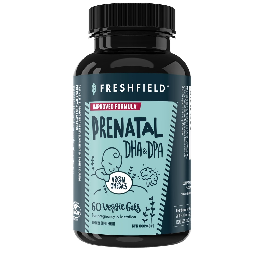 Freshfield Prenatal Vegan Omega 3 DHA: Säästev, Carrageen Free, kolmanda osapoole testitud, kompostitav pudel, süsiniku neutraalne. Toetab südant, aju, liigeste tervist w / DPA