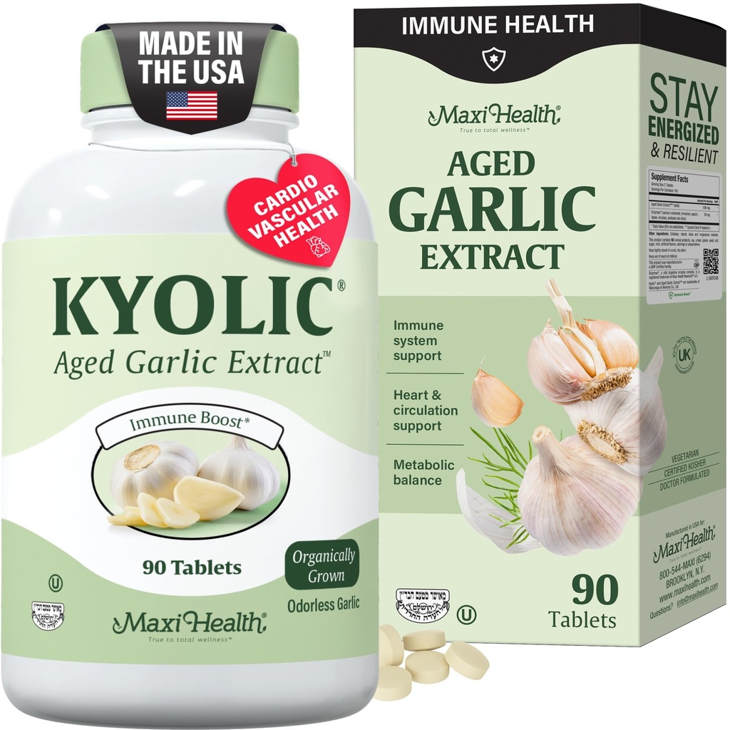 Maxi Health Kyolic Organic küüslaugu täiendus - Kosher küüslaugu tabletid Kyolic Aged küüslaugu ekstrakti immuunsüsteemi toetuseks - Taimetoit küüslaugu tabletid (90 Count)