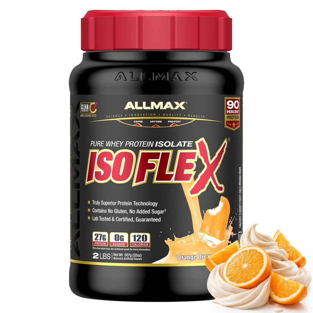 ALLMAX Nutrition ISOFLEX Vadakuvalk isolaat, oranž unenägu - 2 naela - 27 grammi valku Scoopi kohta - nullrasva ja suhkrut - 99% laktoosivaba - gluteenivaba ja sojavaba - ligikaudu 30 serveerimist