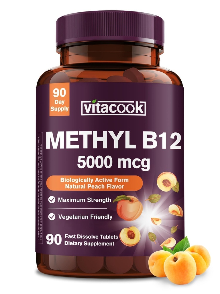 Vitamiin B12 sublingvaalne, metüülkobalamiin 5000 mg energia tootmiseks, energia, närvide ja rakkude toetamiseks, looduslik virsikumaitse, vegan, nullsuhkur, 90 kiiret lahustuvat tabletti