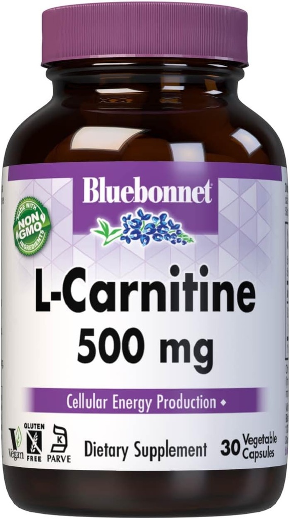 Bluebonnet Nutrition L-karnitiin 500mg, transpordib rasvhappeid *, suurendab rakuenergiat *, sojavaba, gluteenivaba, mitte-GMO, Kosher Certified, Vegan, 30 köögiviljakapslit, 30 serveerimist