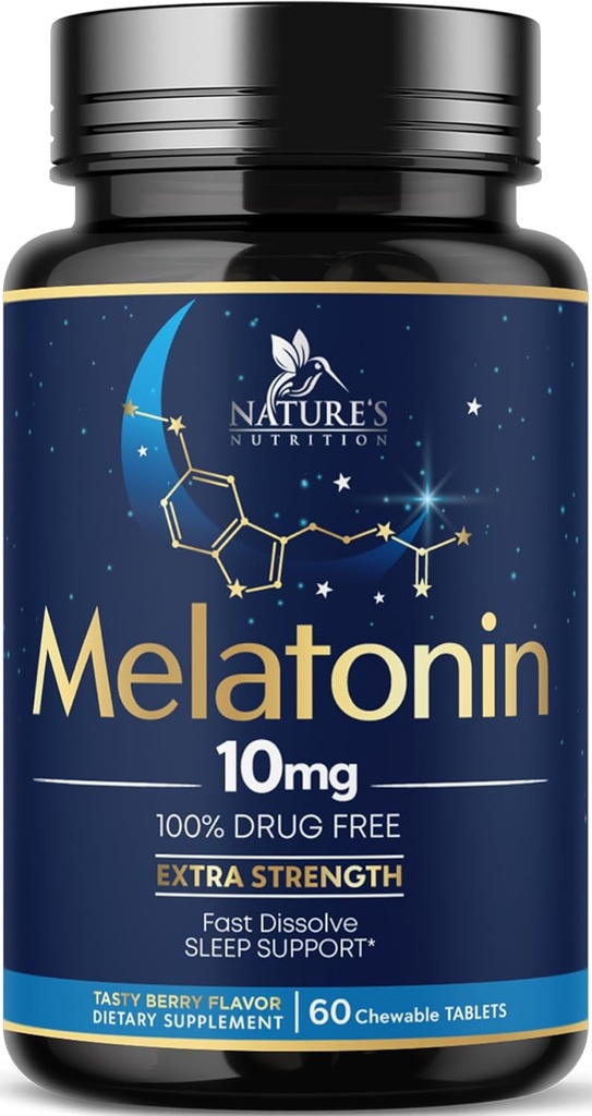 Melatoniin 10mg Kiiresti lahustuvad tabletid - ekstra tugevus, suhkruvaba melatoniini lisandid rahuliku une toetamiseks, looduslik unetoetus täiskasvanutele, maitsev maasikamaitse, 60 tabletti