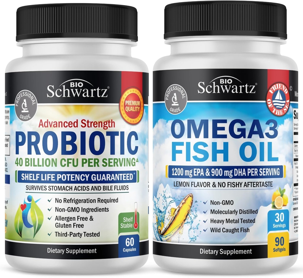 Kolmekordne tugevus Omega 3 kalaõli softgels (1 kuu pakkumine) pluss 40 miljardit CFU päevas probiootiline täiendus (1 kuu pakkumine)