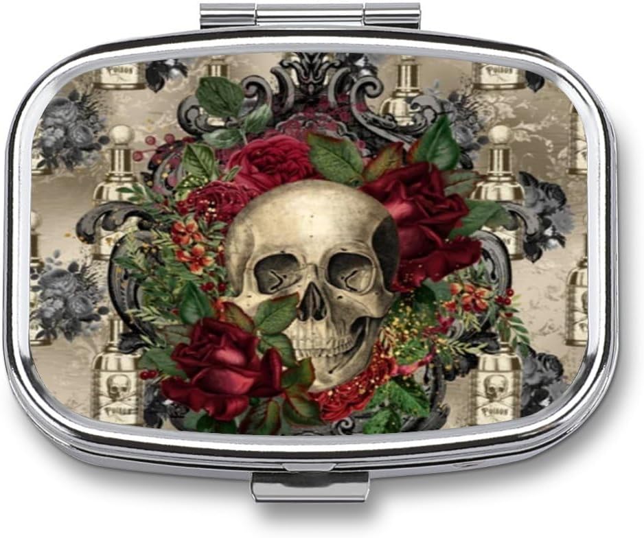Metal 2 Compartment Pill Korraldaja Reisi sõbralik kaasaskantav kompaktne Pill Box Cute Pill Case hoida vitamiine, kalaõli, toidulisandeid, Meds, Tahvelarvuti rahakott, Pocket. (Pealuu)