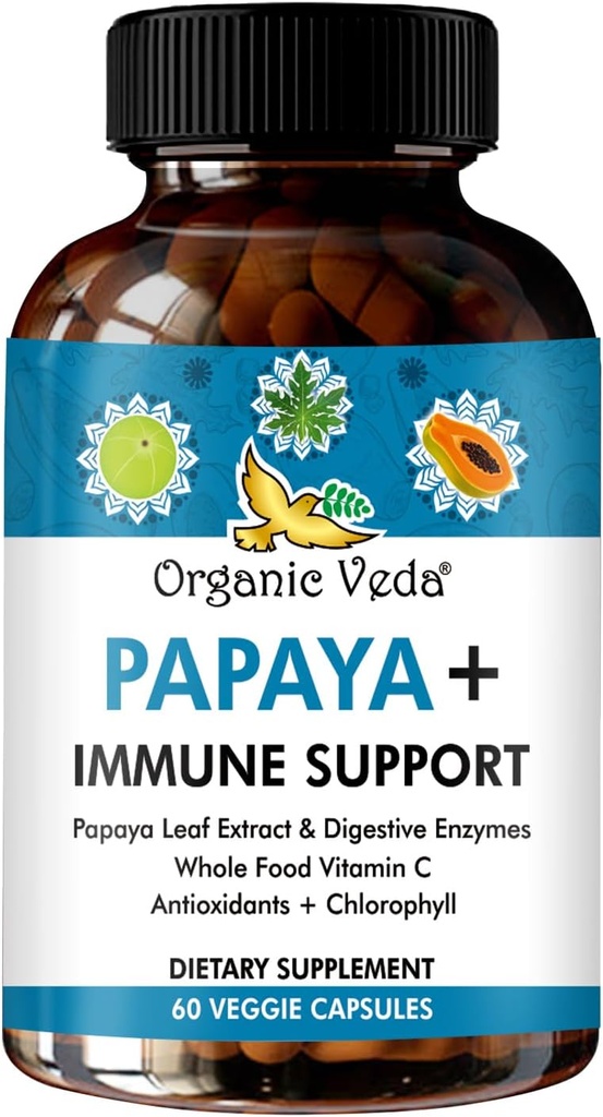 Orgaaniline Veda Papaya Leaf Plus täiendus - Vere trombotsüütide superekstrakti immuunkapslid Papaya seedeensüümidega, klorofüll, viinamarjaseemne ekstrakt, C-vitamiin - luuüdi ja soolestiku tervis - 60 ct