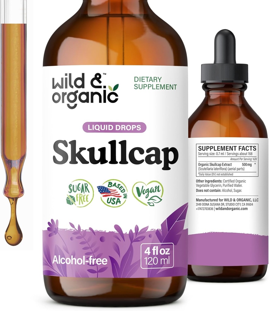 Wild & Organic Skullcap Herb Tinktuur - Pealuu Täiendus Mood Support - Lõõgastav Vedelik Väljavõte Tilgad - Vegan, Suhkru Ja Alkoholivaba - 4 fl oz