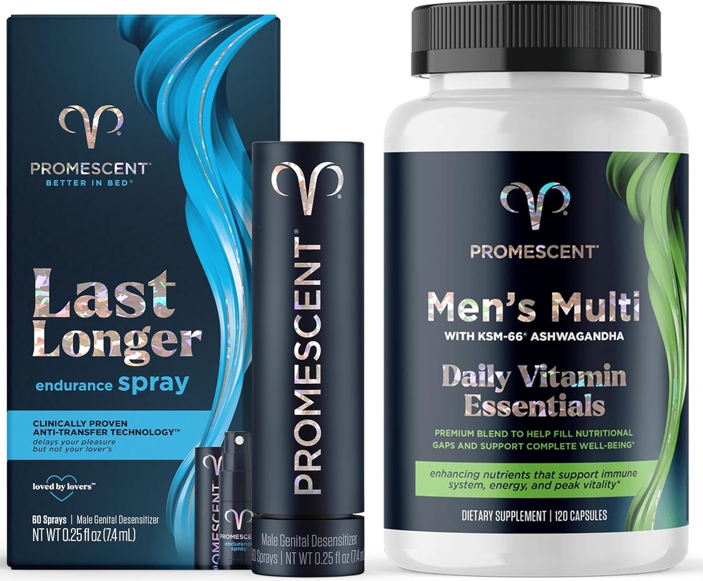 Promescent Desensibiliseeriv Viivitus Spray meestele kliiniliselt tõestatud, et aidata teil kauem voodis + multivitamiini meestele, vitamiin B12, vitamiin C, vitamiin D3, KSM-66 Ashwagandha, kvaliteetne meeste multivitamiinid