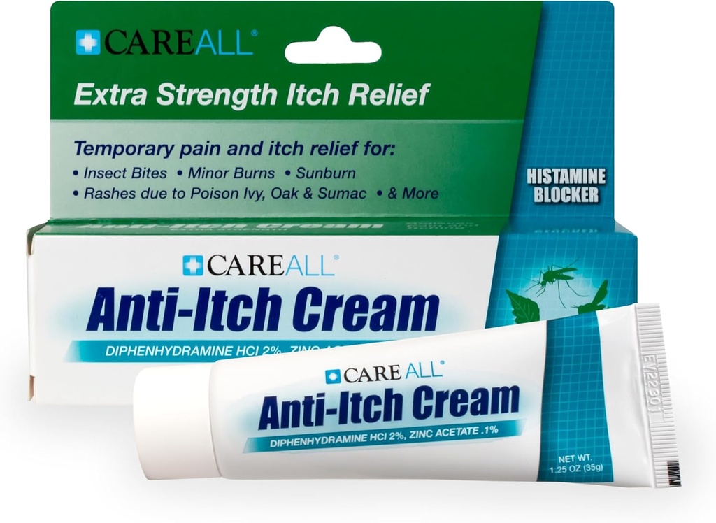 CareAll Anti-Itch Cream 1.25oz Histamiini blokeerimine, difenhüdramiin HCI 2% a Topical Analgeic & Tsink Acetate 0,1% a Nahakaitsevahend pakkuda ajutist valu ja sügelus leevendust tavalisest välisügelusest