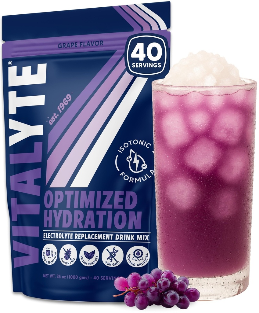 Vitalyte Electrolyte Powder Drink Mix, Isotonic Electrolyte Hydration Mix, Gluten Free Post Workout Powder Mix, Pack of 1, 35 oz., Viinamarjamaitse