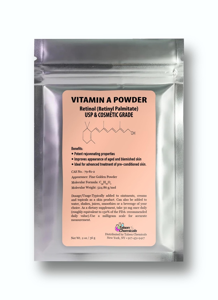 A-vitamiini pulberretinüülpalmitaat, puhas retinool pulbristatud Vitamiin Vees lahustuv A-vitamiin ja kosmeetikatoodete klass (2 untsi / 56 grammi)