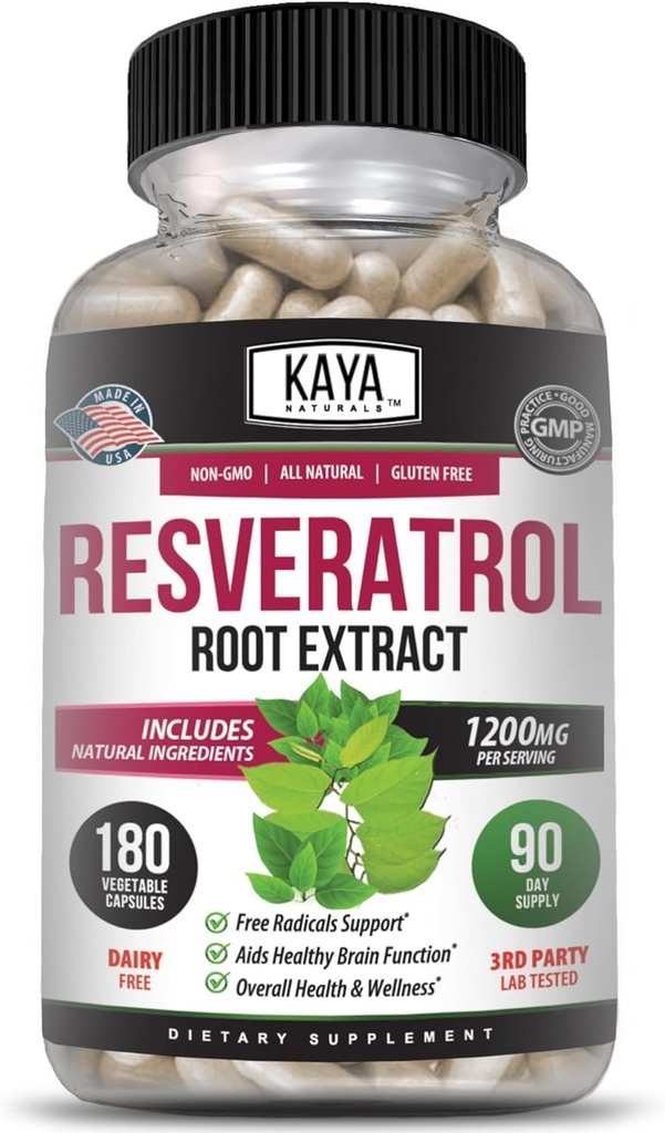 Kaya Naturals - Resveratrooli kapslid - Vananemisvastased toidulisandid - Ajutoega antioksüdandid - maksimaalne kasu - 180 köögiviljakapslit