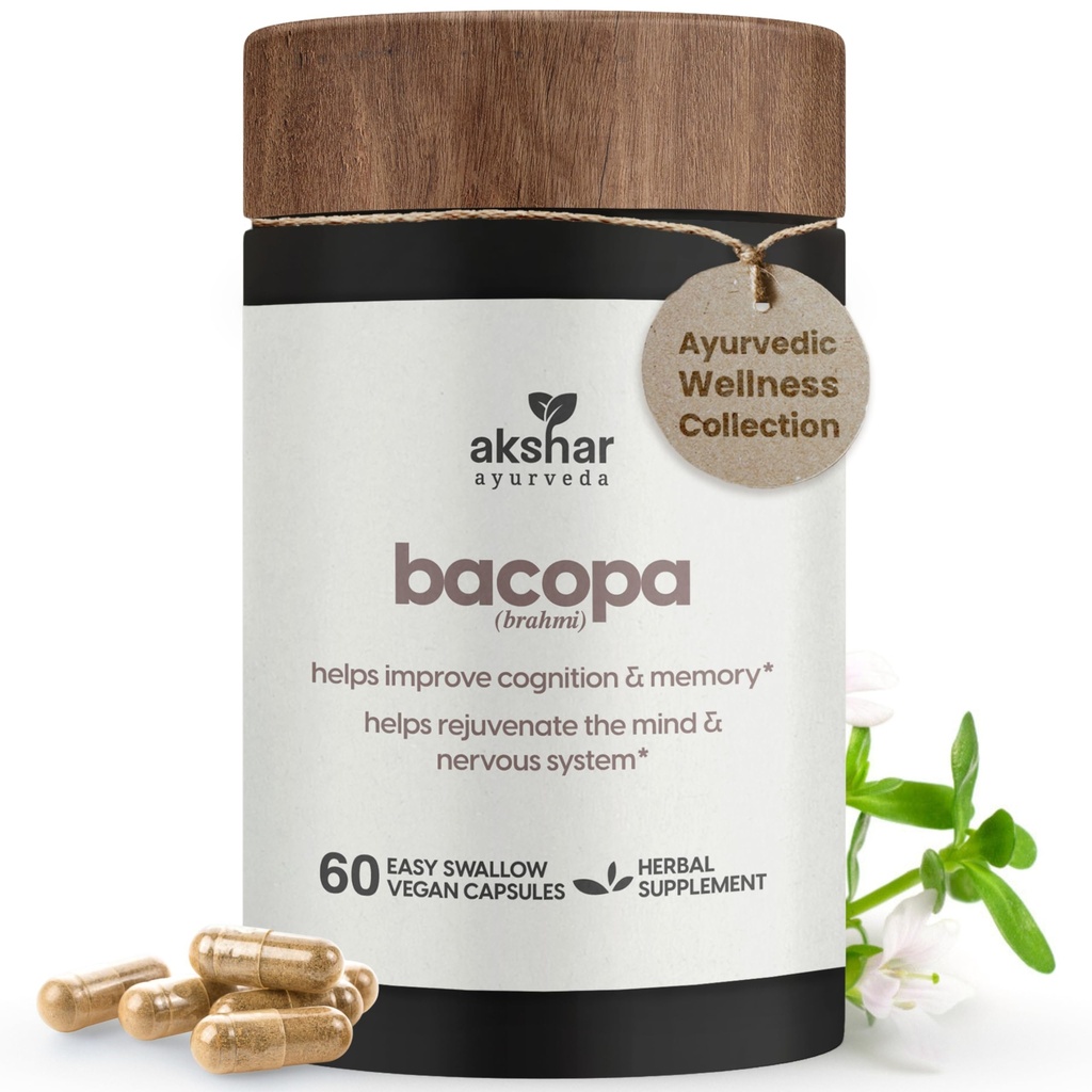 AKSHAR Ayurveda - Bacopa 500mg Brahmi täiendus, noorendav süsteem, Bacopa pillid täiskasvanute kognitiivse funktsiooni toetamiseks, Vegan Cruelty Free Bacopa Monnieri (60 krahv)