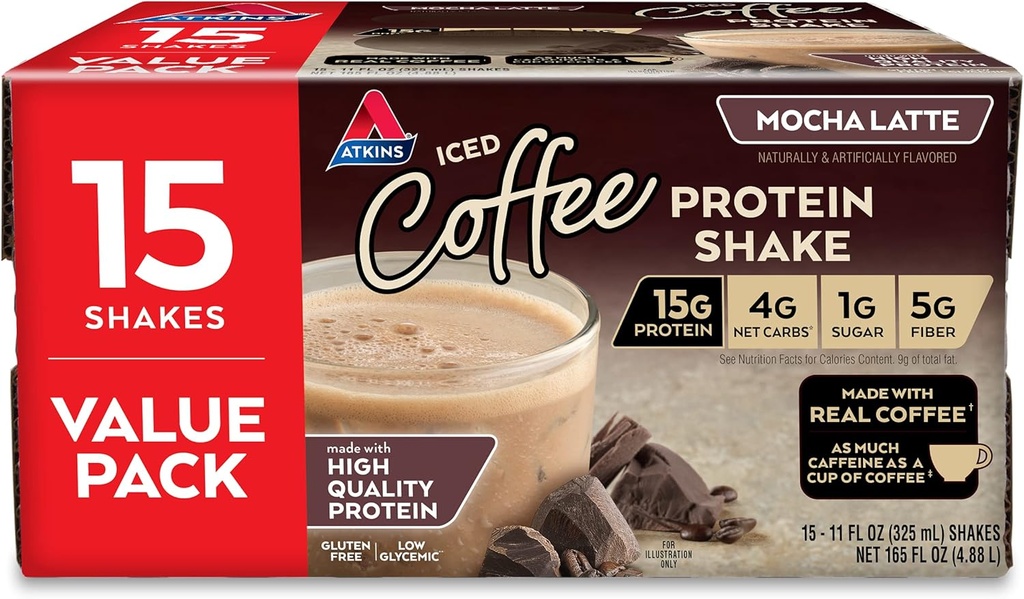Atkins Gluten Vaba Valk-Rikas Shake, Mocha Latte, Keto Sõbralik, 15 krahv