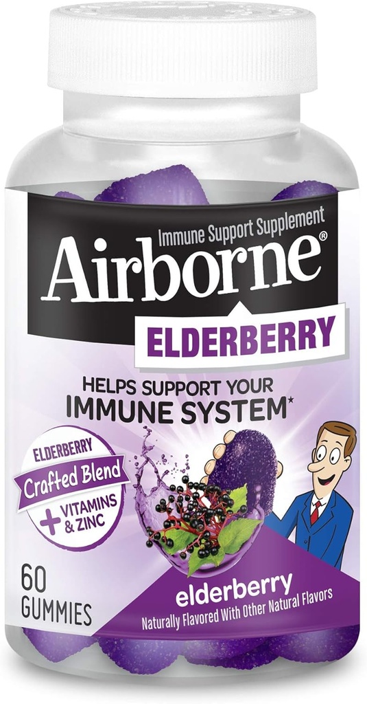 Airborne Elderberry + Zinc & Vitamin C Gummies for Adults, Immune Support Vitamin D & Zinc Gummies with Powerful Antioxidant Vitamins C D & E - 60 Gummies, Elderberry Flavor