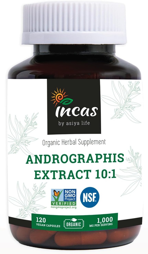 Incas Andrographis kapslid Max Andrographides - 1000mg Serving Size (120 kapslit) - kliiniliselt uuritud immuunsüsteemi tervise ja non GMO Kontrollitud NSF