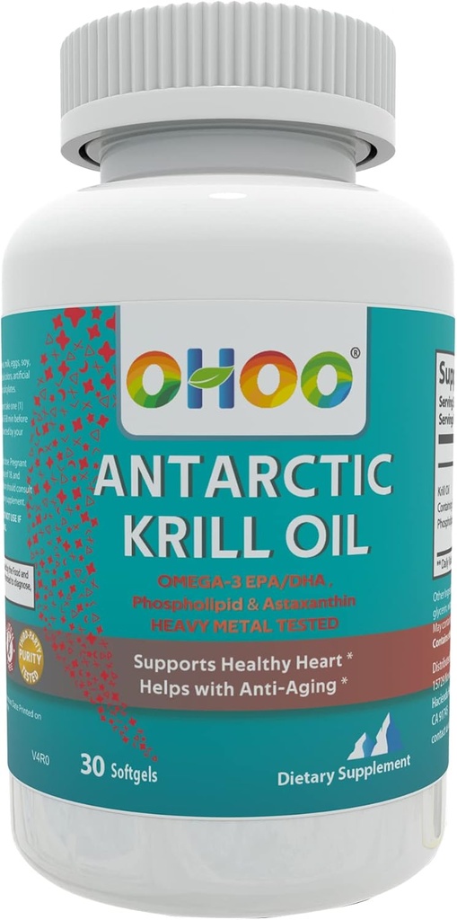 OHOO Antarktika krillõli 500mg Omega-3 EPA & DHA lisand, hopholipiidid, antioksüdant astaksantiin, toetab tervislikku südant ja vananemisvastast toidulisandit, millel pole kala maitset, 30 Softgels