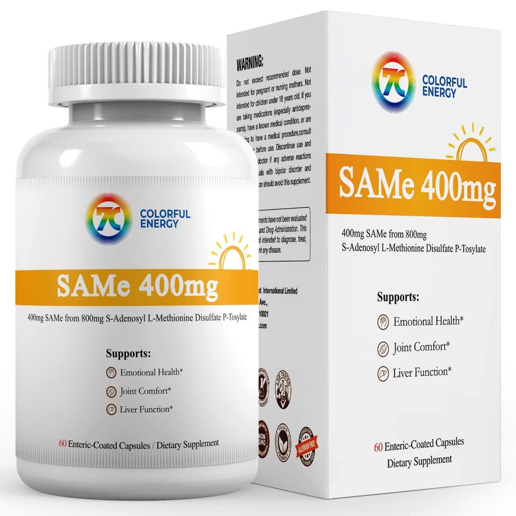 7c Sam e 400mg toidulisand (S-adenosüülmetioniin), vitamiin B6, B12, mis on lisatud Sam-e tõhususe suurendamiseks, meeleolu ja liigese mugavus, vegan, mitte-GMO, gluteenivaba, 60 soolestikuga kaetud kapslit