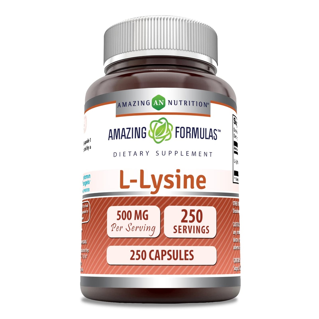 Hämmastavad valemid L-lüsiin 500 Mg Aminohappe lisand | Kapslid | Mitte-GMO | Gluteenivaba | Valmistatud USAs (1 pakend | 250 loend)