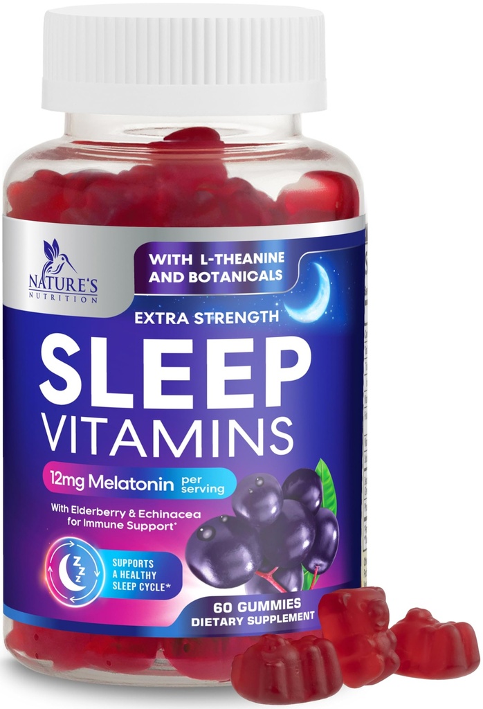 Unekummid koos melatoniiniga 12 mg - ekstra tugev uni Vitamiinkummy, looduslik melatoniinkummy, juhuslik unetoetus täiskasvanutele, vegan, mitte-GMO, Gomitas para Dormir - 60 Gummies