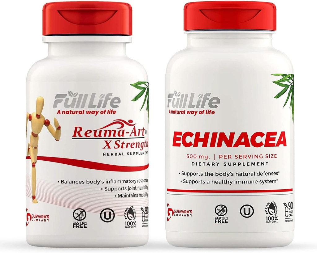 Full Life Reuma-Art X Tugevus ja Echinacea kapslid - ühine tugilisa - Echinacea Purpurea ekstrakt - Kosher, Gluteenivaba - 90 Veggie kapslit iga