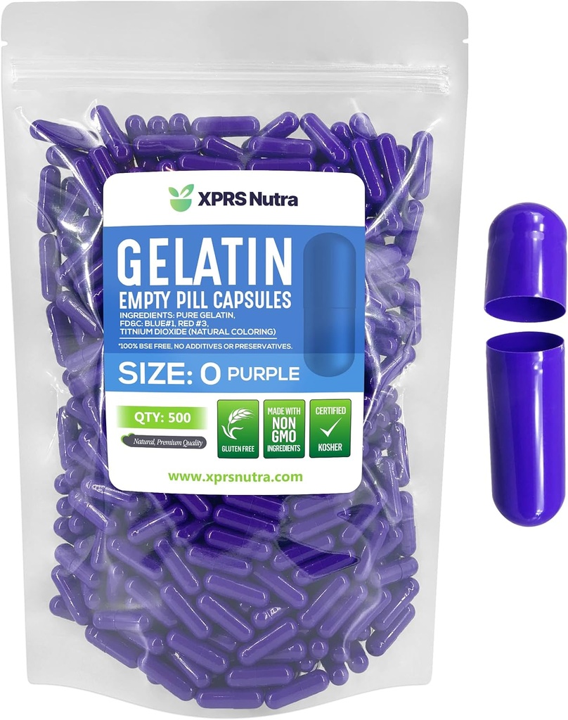 XPRS Nutra suurus 0 Tühjad kapslid - 500 loend Tühjad želatiinkapslid - pillid DIY kapsli täitmine - puhas Veise geel kapslid Do-It-Yourself täiendused (Purple)