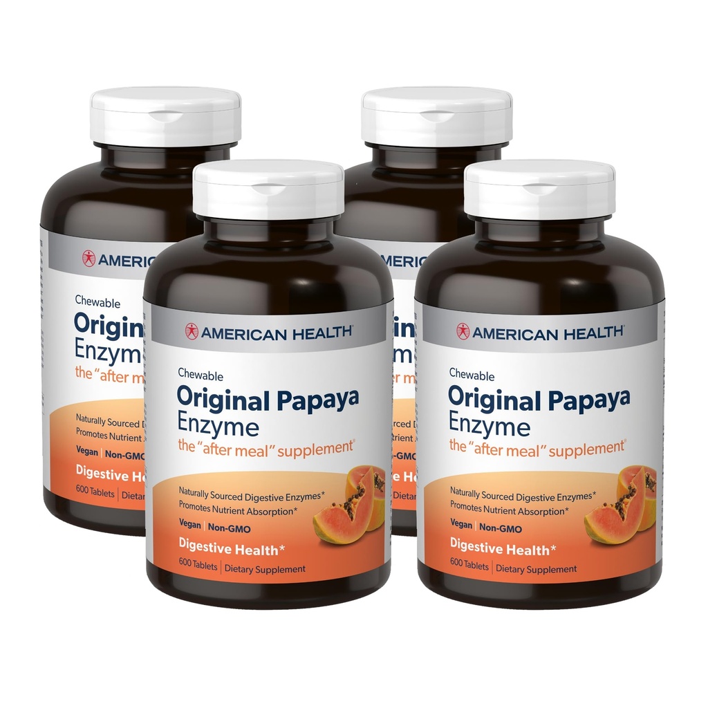 American Health Original Papaya Enzyme - 600 närimistablett, 4-pakend - pärast sööki toidulisand - GMO-vaba, vegan - 800 kokku