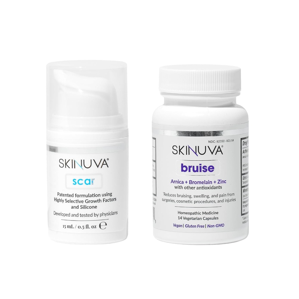 Skinuva® Scar (0, 5 oz) & Bruise (14 kapslit) - Advanced Silicone Cream formuleeritud kasvufaktorid ja homöopaatiline Bruise Remedy formuleeritud Arnica, Bromelain & Zinc