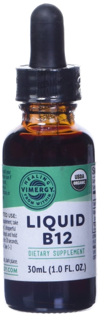 Vimergia Orgaaniline Vedelik Vitamiin B12 Lisa 2500 mcg, Metüülkobalamiin & Adenosüülkobalamiin Kiiresti imenduv energiatoetus USDA Orgaaniline, Vegan, Mitte-GMO B12 Vitamiinid naistele ja meestele 30 Serving (30 ml)