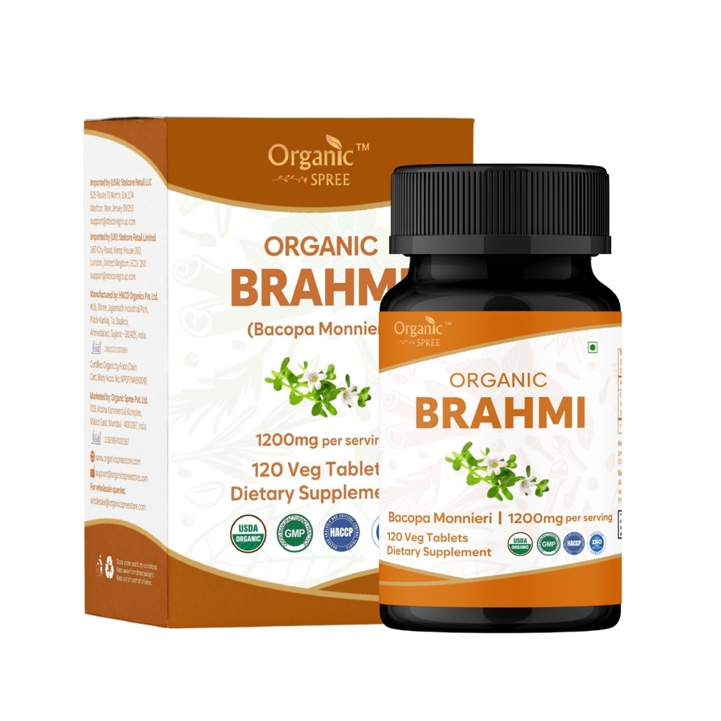 Brahmi 120 tabletti - USDA orgaaniline Bacopa Monnieri lisand - toetab fookust, rahulikku ja mälu - taimset nootroopset *