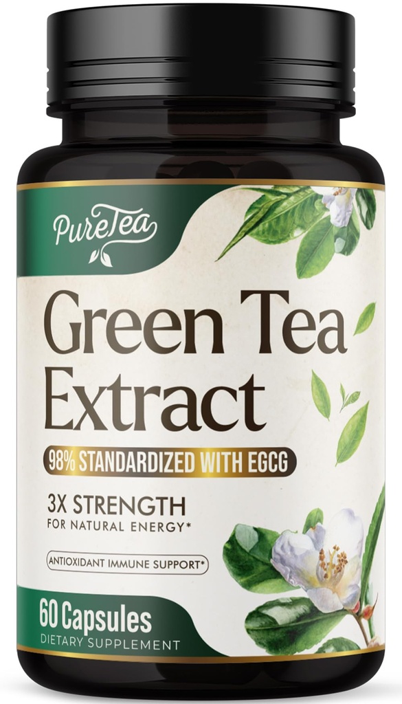 Rohelise tee ekstrakti kapslid 1000mg 45% EGCG ja 98% polüfenoolid südame toetamiseks antioksüdandid - 3X Absorption Green tee pillid täiendada looduslikku energiat, õrn kofeiin - 60 kapslit