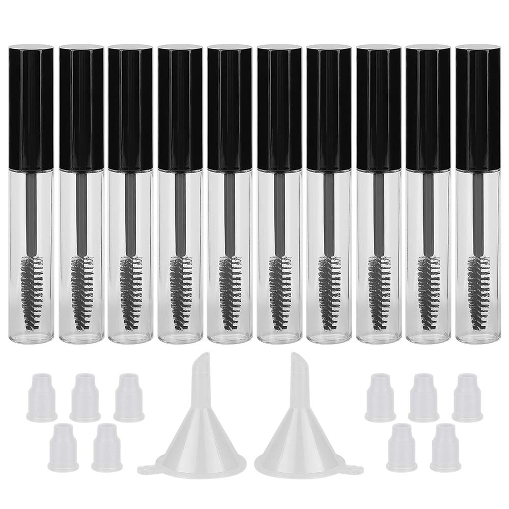 GTHER 10PCS 10ML Tühja ripsmetuššitoru pudel ripsmetušiga, kummi lisandid ja lehtrid riitsinusõli / kasvuõli jaoks, DIY kreemikonteiner korgiga, must