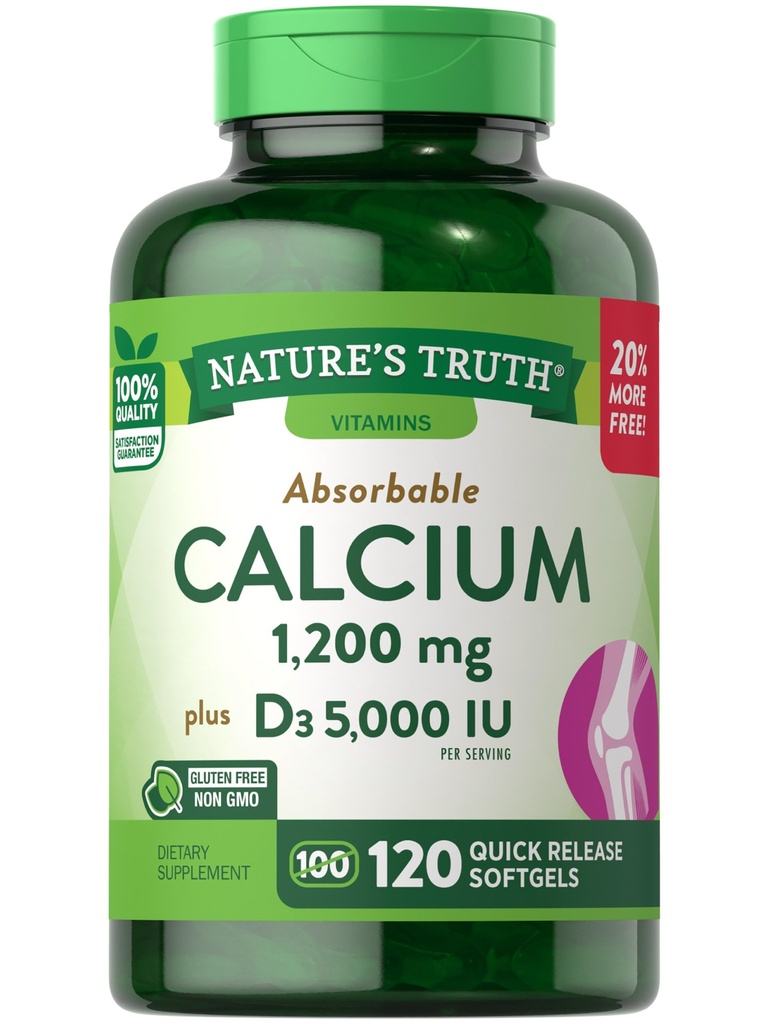 Nature's Truth Calcium 1200 mg Plus D3-vitamiin 5000 RÜ Toidulisandid, 120 loendit (3 pakendit)