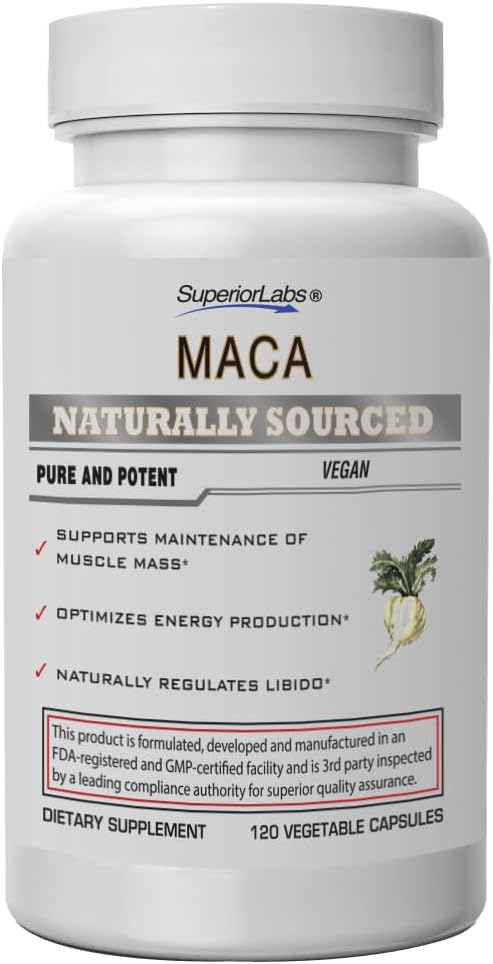Superior Labs - Orgaaniline Peruu Maca - 100% puhas NonGMO - toidulisand rahustamiseks ja lõõgastumiseks - null sünteetilised lisandid, stearaadid, dioksiidid - 750 mg, 120 taimset kapslit