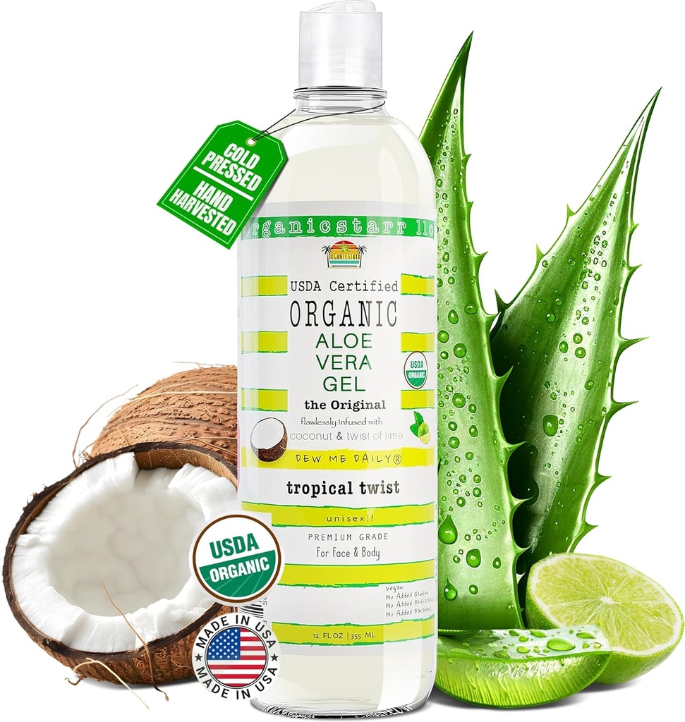 USDA sertifitseeritud orgaaniline Aloe Vera Gel 12 oz - 100% puhas, külmpressitud, käsitsi koristatud, infundeeritud kookospähkli, lubja ja verbena eeterlike õlidega, keemiliselt tasuta - naha ja juuste hooldus, valmistatud USA-s