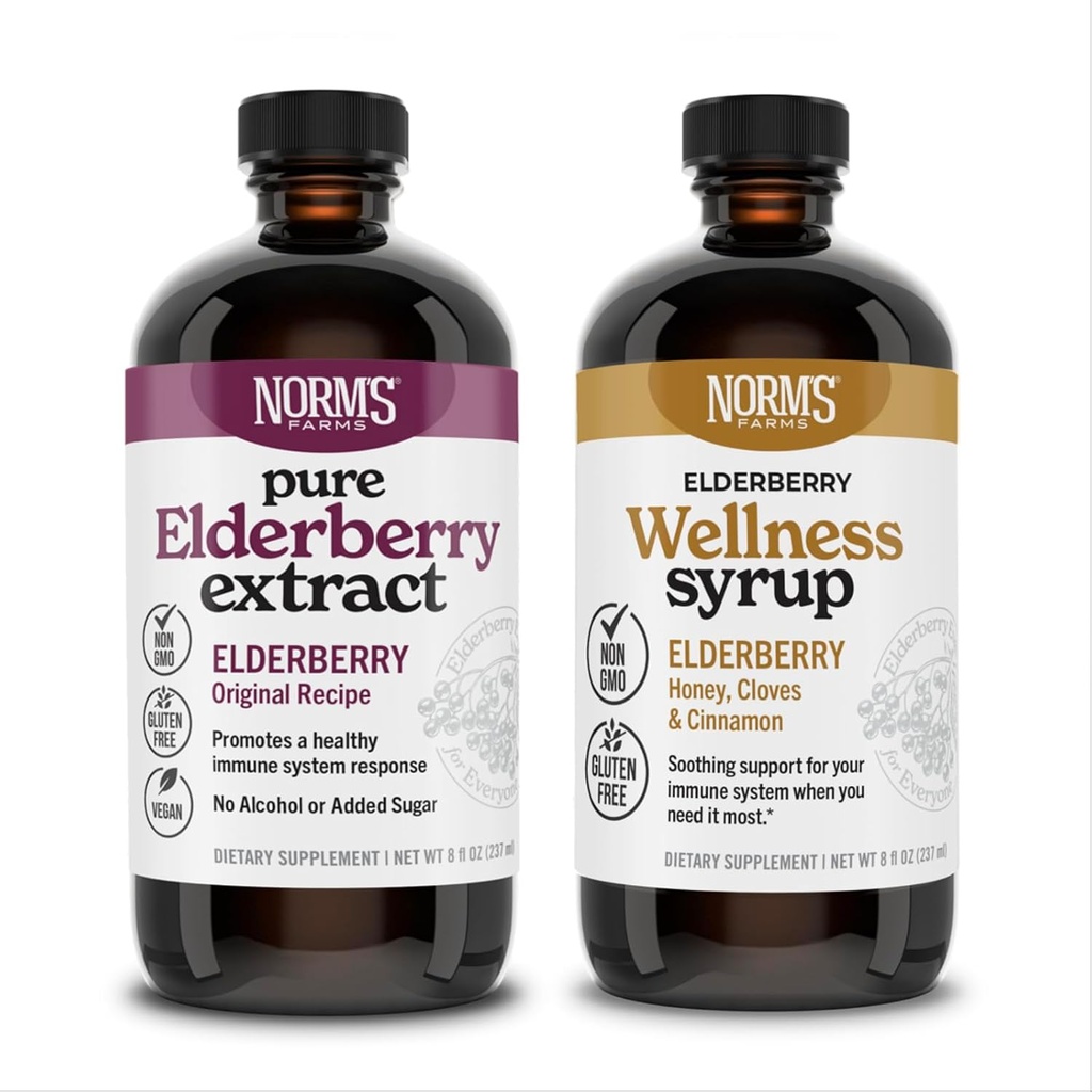 Norm's Farms Elderberry Extract & Wellness Syrup Bundle 2 PK - Immune Support Elderberry Syrup for Kids & Adults - Made in USA, Pure, Potent, Natural Ingredients, Vegan, Gluteenivaba, Non-GMO - 8 Oz