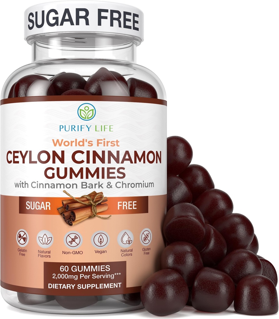 Suhkruvaba Ceylon Cinnamon Gummies (2,000mg / Serving) Tseiloni kaneeli lisand aju tervisele, Vegan, Gluteenivaba, Asenda Tseiloni kaneeli kapslid, pillid, pulber, ekstrakt (60 närimist)