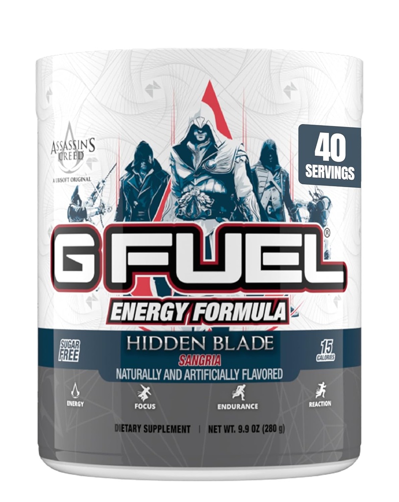 G Fuel Assassin's Creed Hidden Blade Energiajoogipulber, Pre Workout Kofeiinisegu hasartmängude jaoks, suhkruvaba fookus Amino, Vitamiin + Antioksüdandid, 9,9oz (Sangria, 40 Servings)