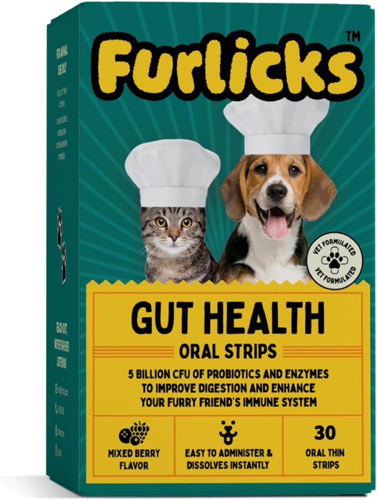 Furlicks Soolestiku tervise täiendus koertele ja kassidele | Probiootikumid, proteaas, lipaas parema seedimise jaoks, tõhustatud immuunsus, tervislik soolefloora ja kõhulahtisus ja sooletoetus (30 suu kaudu lahustuvat riba)